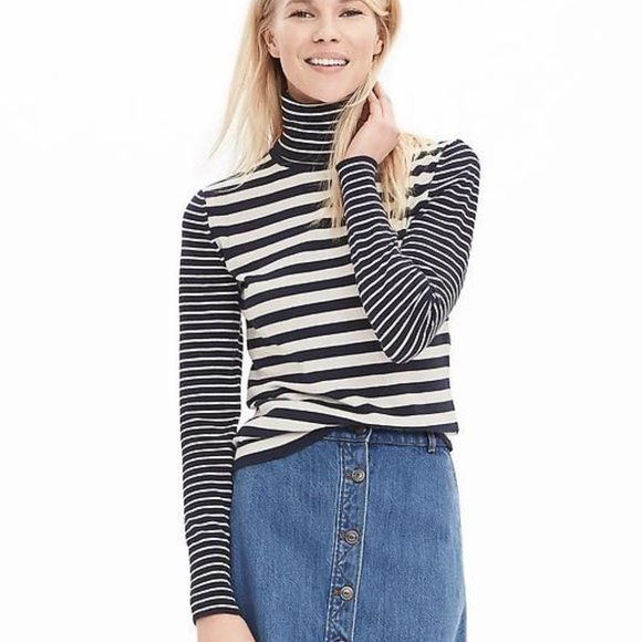 Banana Republic Cotton Cashmere Striped Casual Turtleneck Cream Blue Sweater S - Picture 1 of 2